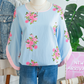 Sam Sky Blue Floral Print Button Cuffed 3/4 Sleeve Round Neck Blouse