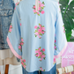 Sam Sky Blue Floral Print Button Cuffed 3/4 Sleeve Round Neck Blouse