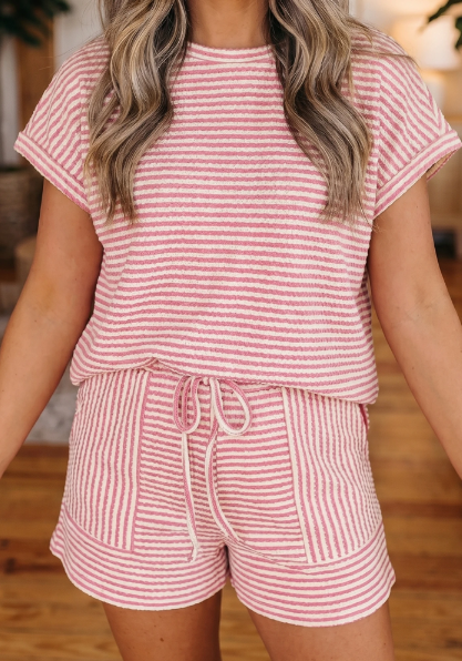 Nadine Pink Breathable Textured Knit Short 2pcs Set