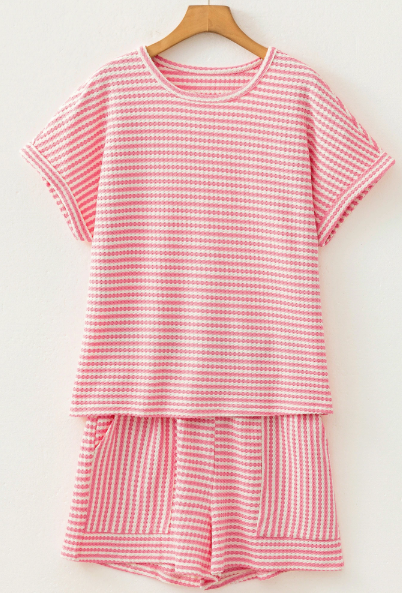 Nadine Pink Breathable Textured Knit Short 2pcs Set