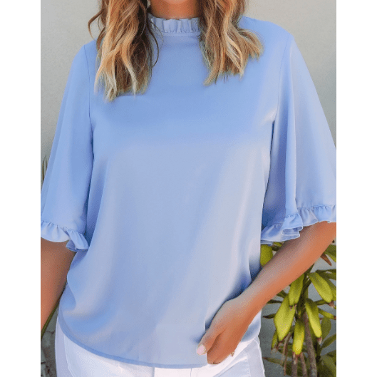 Shayna Blue Ruffled Bell Sleeve Loose Blouse