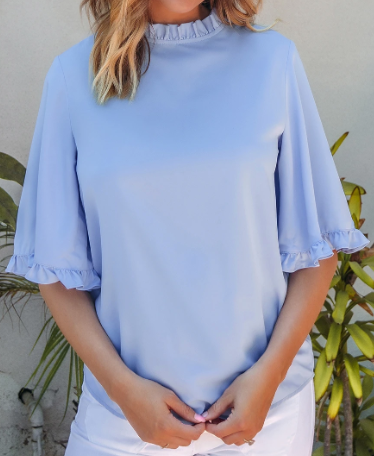 Shayna Blue Ruffled Bell Sleeve Loose Blouse