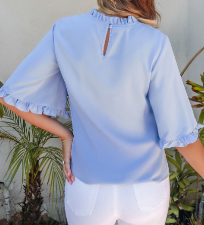Shayna Blue Ruffled Bell Sleeve Loose Blouse