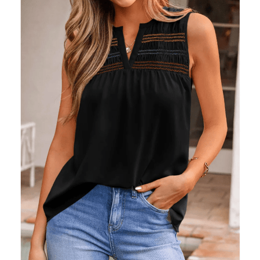 Lacee Black Shirred Contrast Stitch V Neck Sleeveless Shift Top