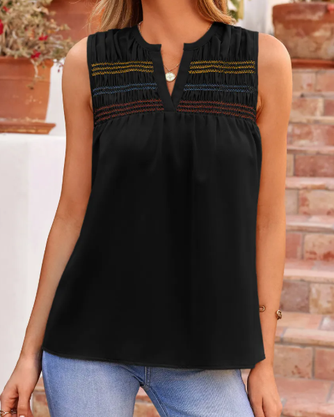 Lacee Black Shirred Contrast Stitch V Neck Sleeveless Shift Top