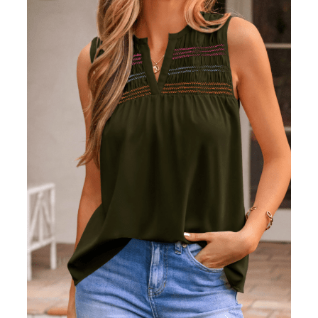 Lacee Jungle Green Shirred Contrast Stitch V Neck Sleeveless Shift Top