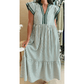 Sharletta Green Stripe Double Ruffled Short Sleeve Contrast Trim V Neck Midi Dress