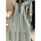 Sharletta Green Stripe Double Ruffled Short Sleeve Contrast Trim V Neck Midi Dress