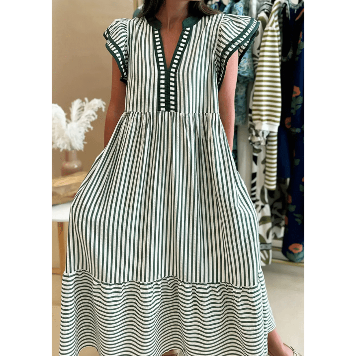 Sharletta Green Stripe Double Ruffled Short Sleeve Contrast Trim V Neck Midi Dress