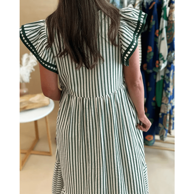 Sharletta Green Stripe Double Ruffled Short Sleeve Contrast Trim V Neck Midi Dress