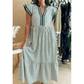 Sharletta Green Stripe Double Ruffled Short Sleeve Contrast Trim V Neck Midi Dress