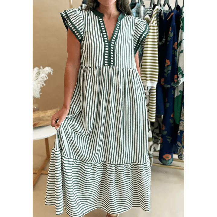 Sharletta Green Stripe Double Ruffled Short Sleeve Contrast Trim V Neck Midi Dress