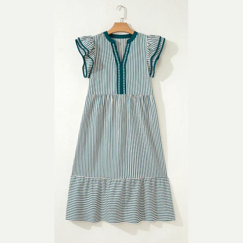 Sharletta Green Stripe Double Ruffled Short Sleeve Contrast Trim V Neck Midi Dress