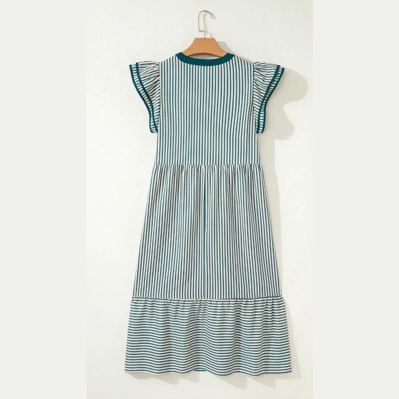 Sharletta Green Stripe Double Ruffled Short Sleeve Contrast Trim V Neck Midi Dress