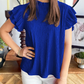 RTS Corbin Dark Blue Textured Ruffle Trim Short Sleeve Blouse