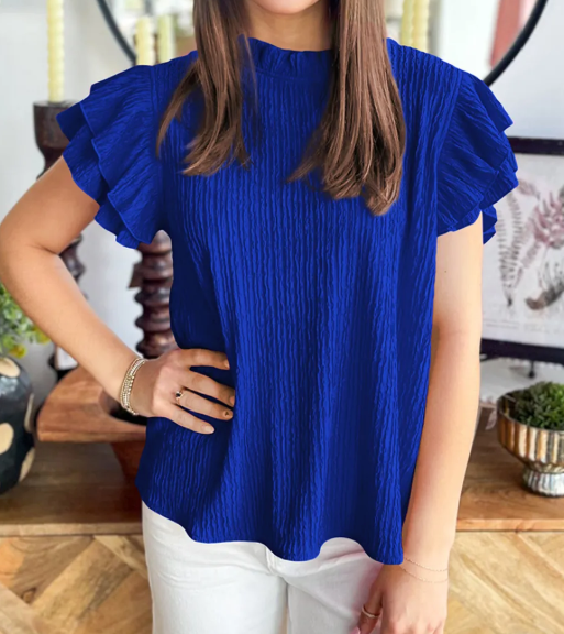RTS Corbin Dark Blue Textured Ruffle Trim Short Sleeve Blouse