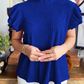 RTS Corbin Dark Blue Textured Ruffle Trim Short Sleeve Blouse