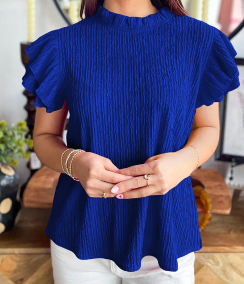 RTS Corbin Dark Blue Textured Ruffle Trim Short Sleeve Blouse
