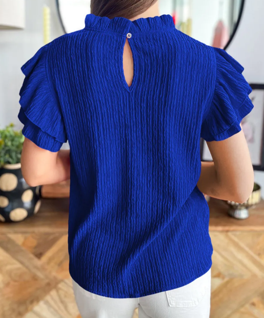 RTS Corbin Dark Blue Textured Ruffle Trim Short Sleeve Blouse