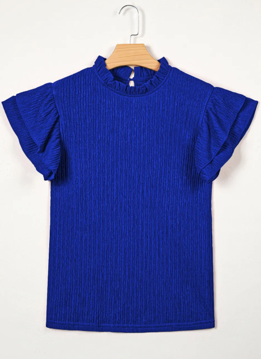 RTS Corbin Dark Blue Textured Ruffle Trim Short Sleeve Blouse