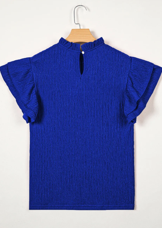 RTS Corbin Dark Blue Textured Ruffle Trim Short Sleeve Blouse