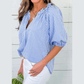 Eden Sky Blue Plaid V Neck Puff Sleeve Blouse