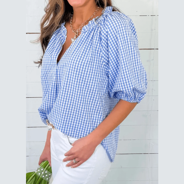 Eden Sky Blue Plaid V Neck Puff Sleeve Blouse