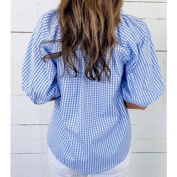 Eden Sky Blue Plaid V Neck Puff Sleeve Blouse