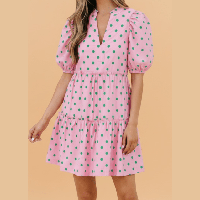 SALE!!!  Trinny Pink Polka Dot Print V Neck Short Sleeve Tiered Mini Dress