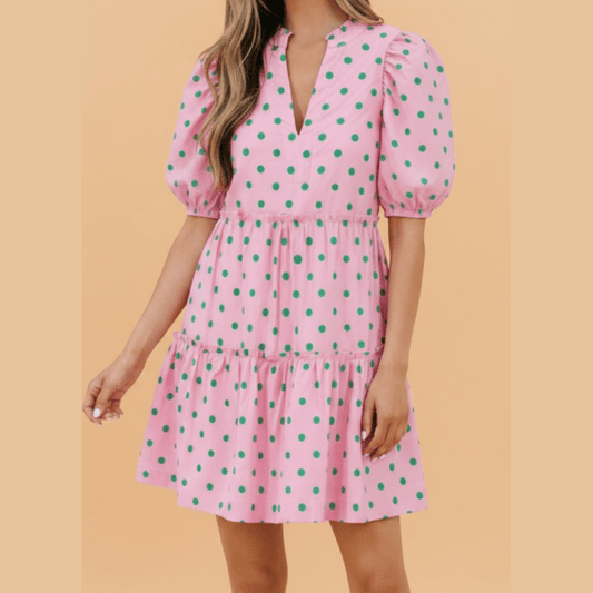 SALE!!!  Trinny Pink Polka Dot Print V Neck Short Sleeve Tiered Mini Dress