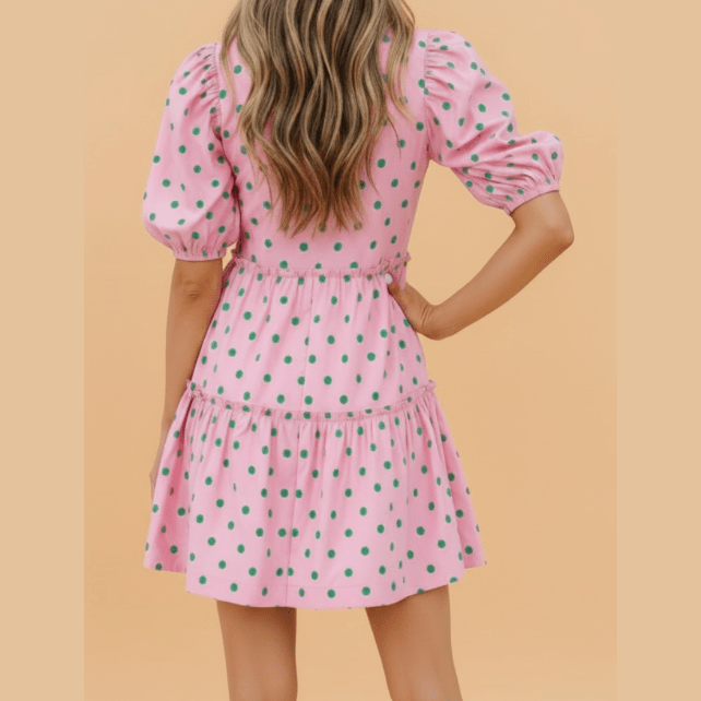 SALE!!!  Trinny Pink Polka Dot Print V Neck Short Sleeve Tiered Mini Dress