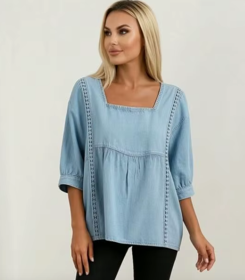 Ronalda Light Blue Denim Square-Neck Top
