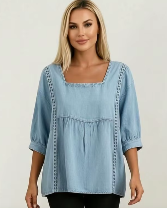 Ronalda Light Blue Denim Square-Neck Top