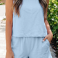 Edith Blue Stitched Detail Loose Tank Top Cotton 2pcs Short Set