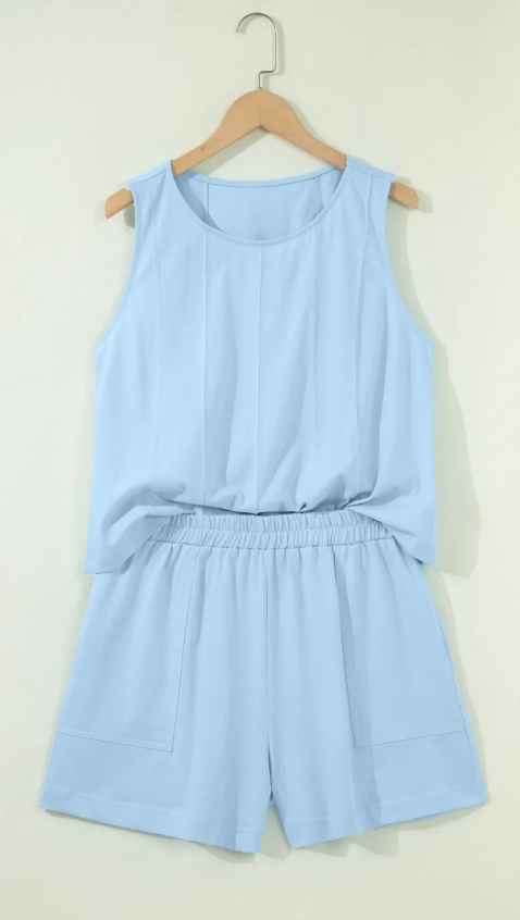 Edith Blue Stitched Detail Loose Tank Top Cotton 2pcs Short Set