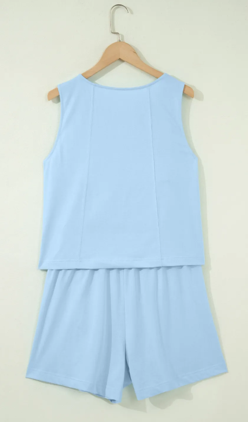 Edith Blue Stitched Detail Loose Tank Top Cotton 2pcs Short Set