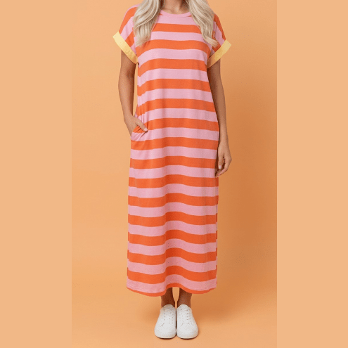 Leyton Orange Stripe Cuffed Short Sleeve Pocketed Casual T Shirt Long Dress
