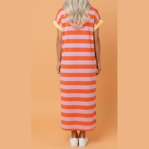 Leyton Orange Stripe Cuffed Short Sleeve Pocketed Casual T Shirt Long Dress
