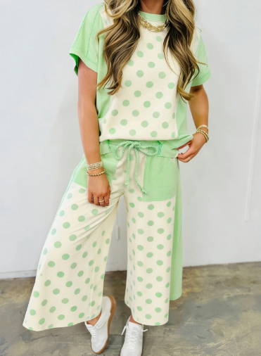 Adele Green Color Block Patchwork Polka Dot Wide Leg Pant Set