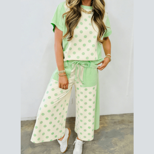 Adele Green Color Block Patchwork Polka Dot Wide Leg Pant Set
