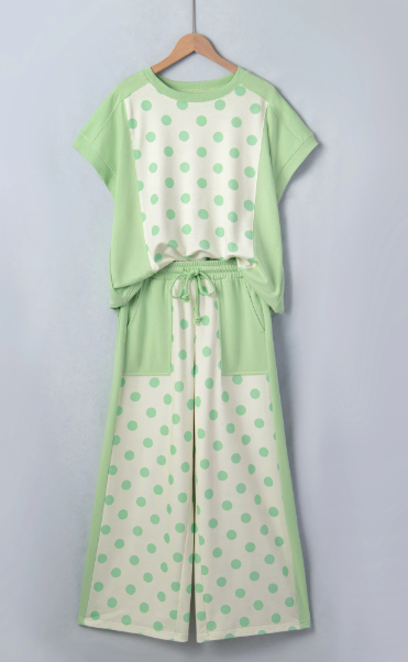 Adele Green Color Block Patchwork Polka Dot Wide Leg Pant Set