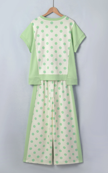 Adele Green Color Block Patchwork Polka Dot Wide Leg Pant Set