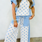 Adele Blue Color Block Patchwork Polka Dot Wide Leg Pant Set