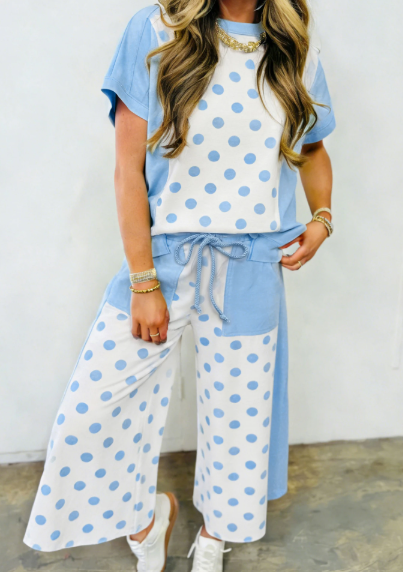 Adele Blue Color Block Patchwork Polka Dot Wide Leg Pant Set