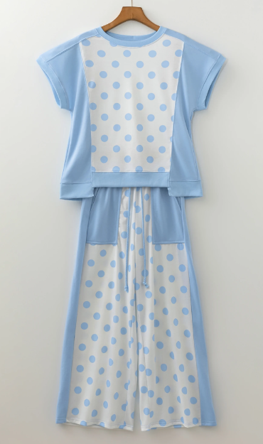 Adele Blue Color Block Patchwork Polka Dot Wide Leg Pant Set