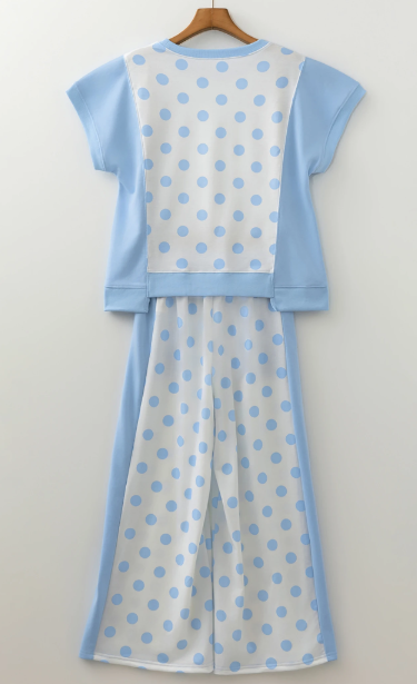 Adele Blue Color Block Patchwork Polka Dot Wide Leg Pant Set