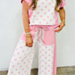 Adele Pink Color Block Patchwork Polka Dot Wide Leg Pant Set