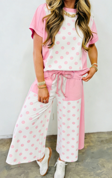 Adele Pink Color Block Patchwork Polka Dot Wide Leg Pant Set