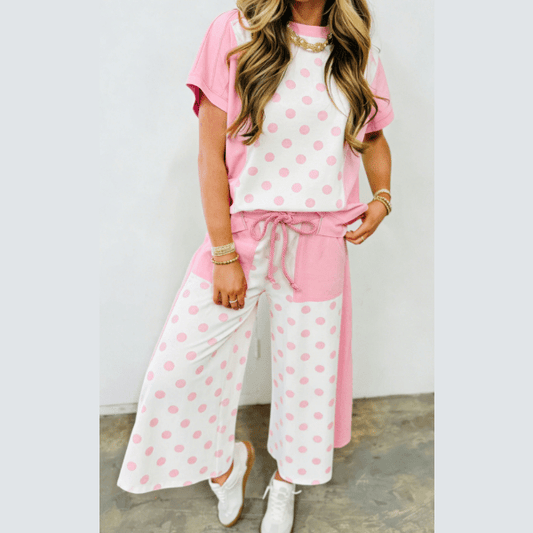 Adele Pink Color Block Patchwork Polka Dot Wide Leg Pant Set