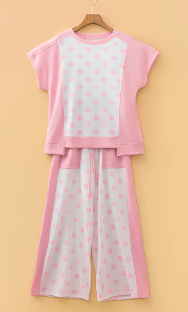 Adele Pink Color Block Patchwork Polka Dot Wide Leg Pant Set